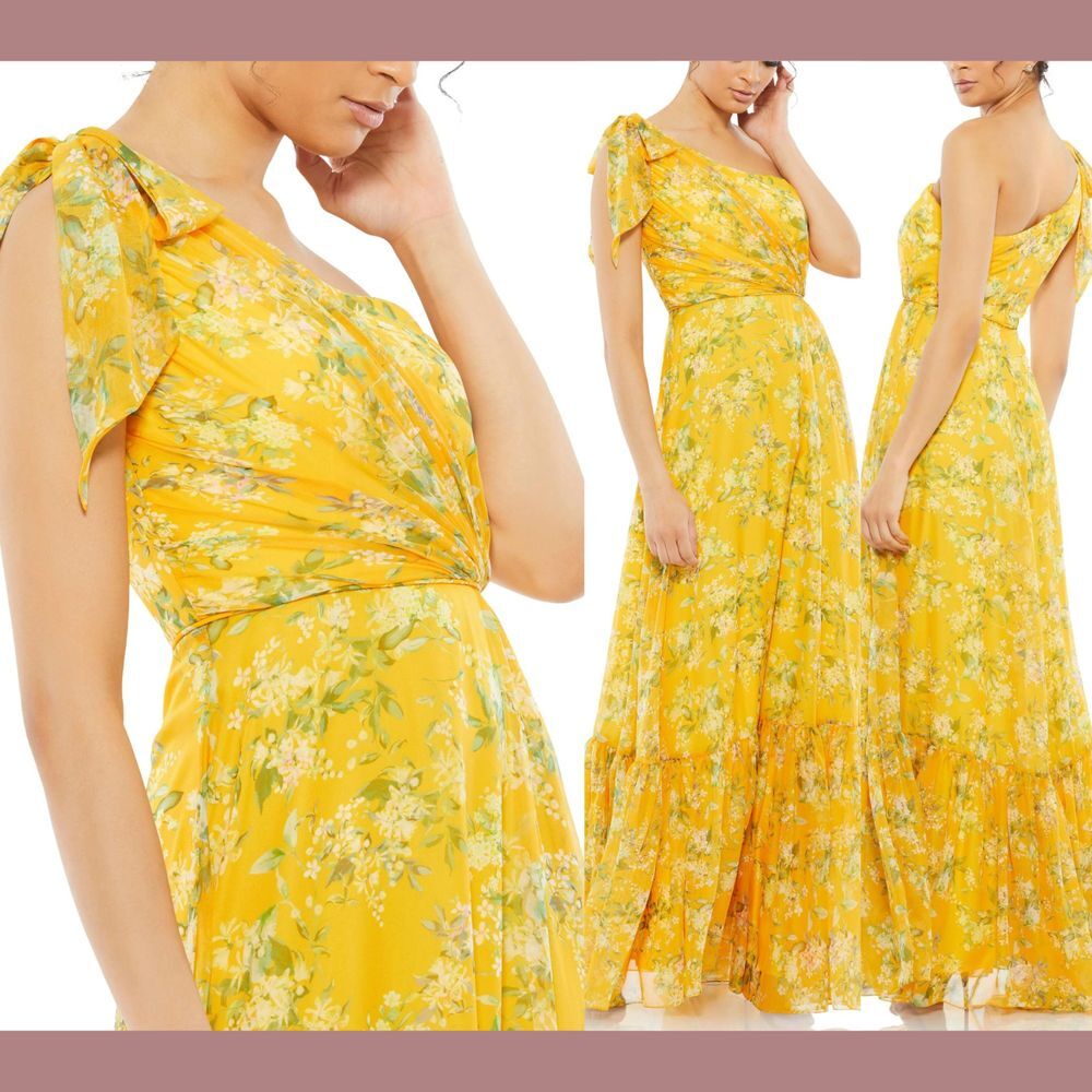 NWT $398 IEENA Mac Duggal [ 0‎ ] 55427 Floral One Shoulder Bow Gown Yellow #Q779